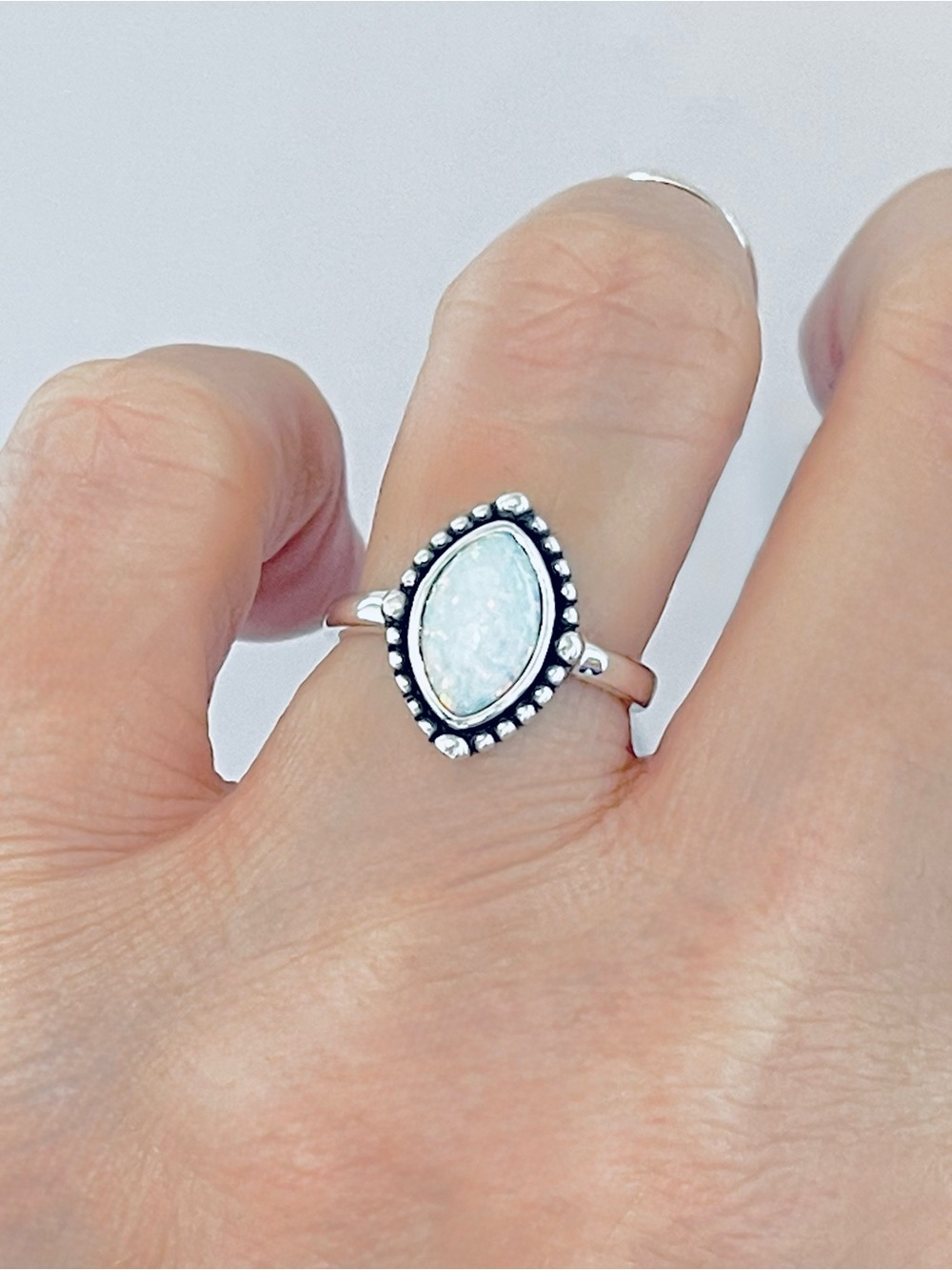 Sterling Silver Diamond Shape White Lab Opal Ring with Beads, October Birthstone